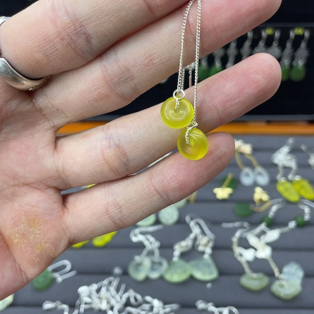 蛇纹石玉耳饰银S925镶嵌