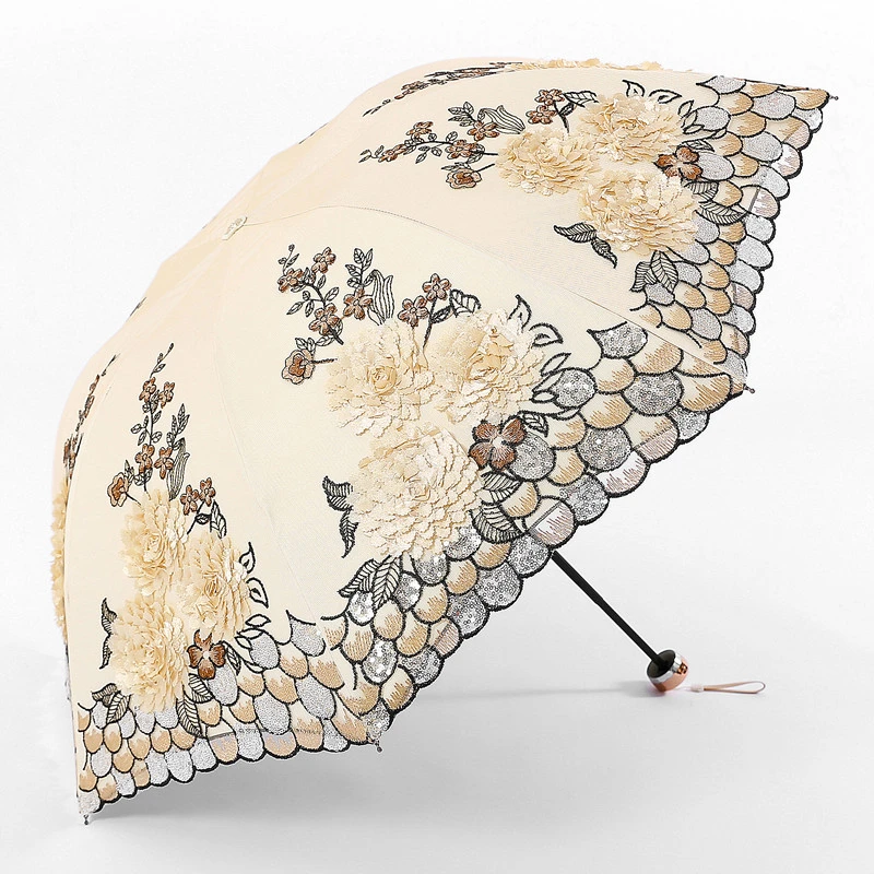 qimin/啟敏太阳伞防晒防紫外线双层雨伞女晴雨两用折叠刺绣遮阳伞