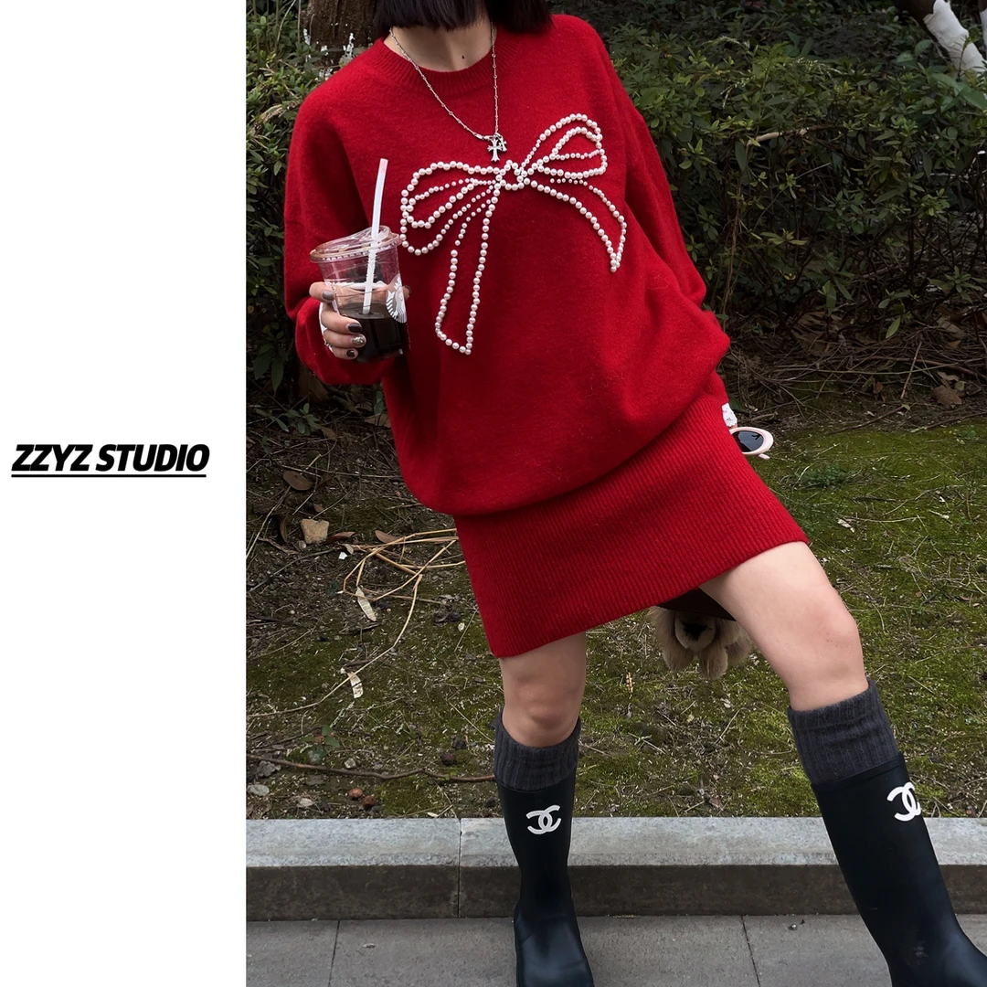 【ZZYZ】“普林斯顿”小香风气质名媛蝴蝶钉珠毛衣➕竖条纹半身裙套装