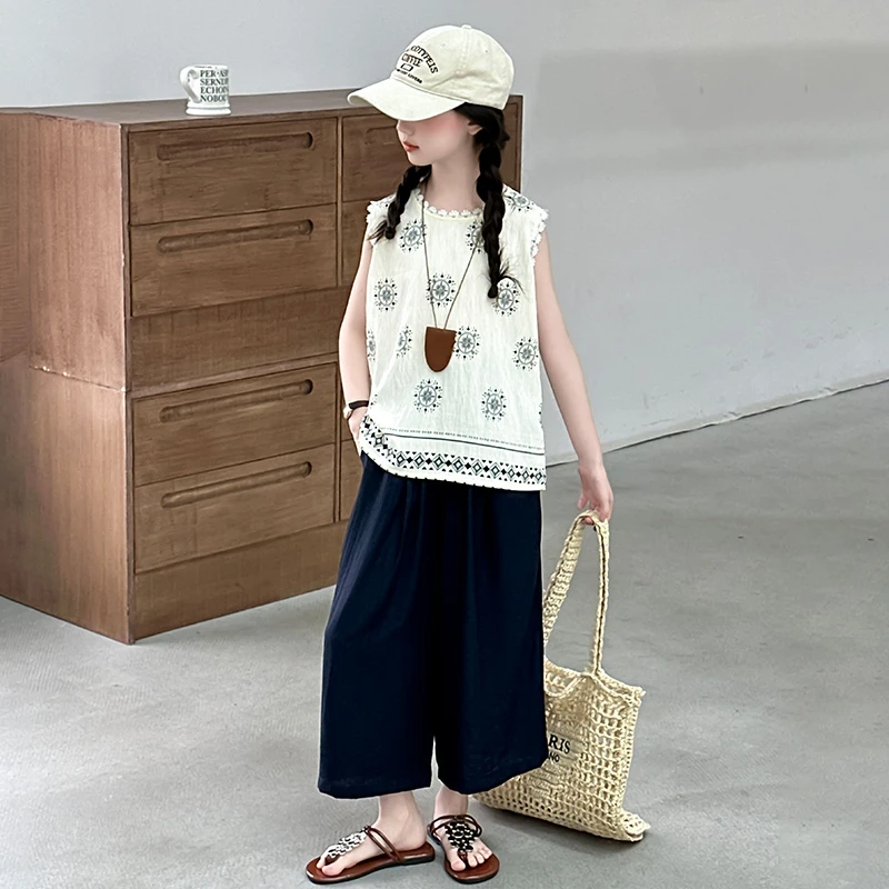 女童夏装无袖套装2025新款大童夏季韩系背心上衣儿童阔腿裤两件套