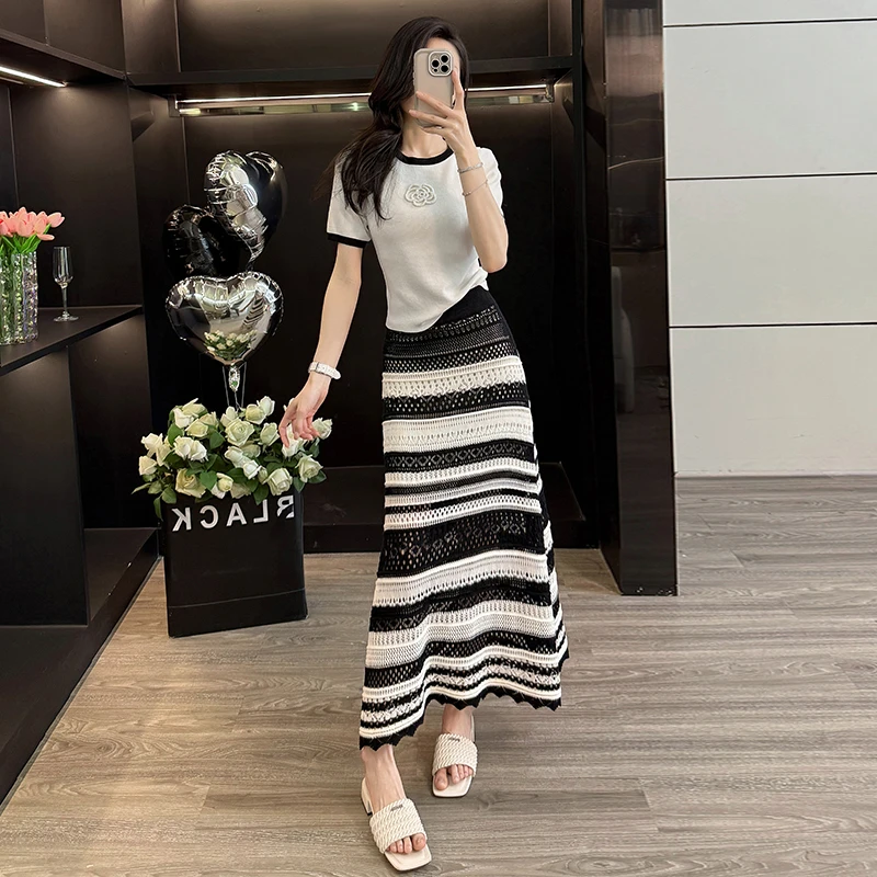 2025夏季新款休闲时尚套装女气质显瘦INS风短袖T恤半身裙两件套潮