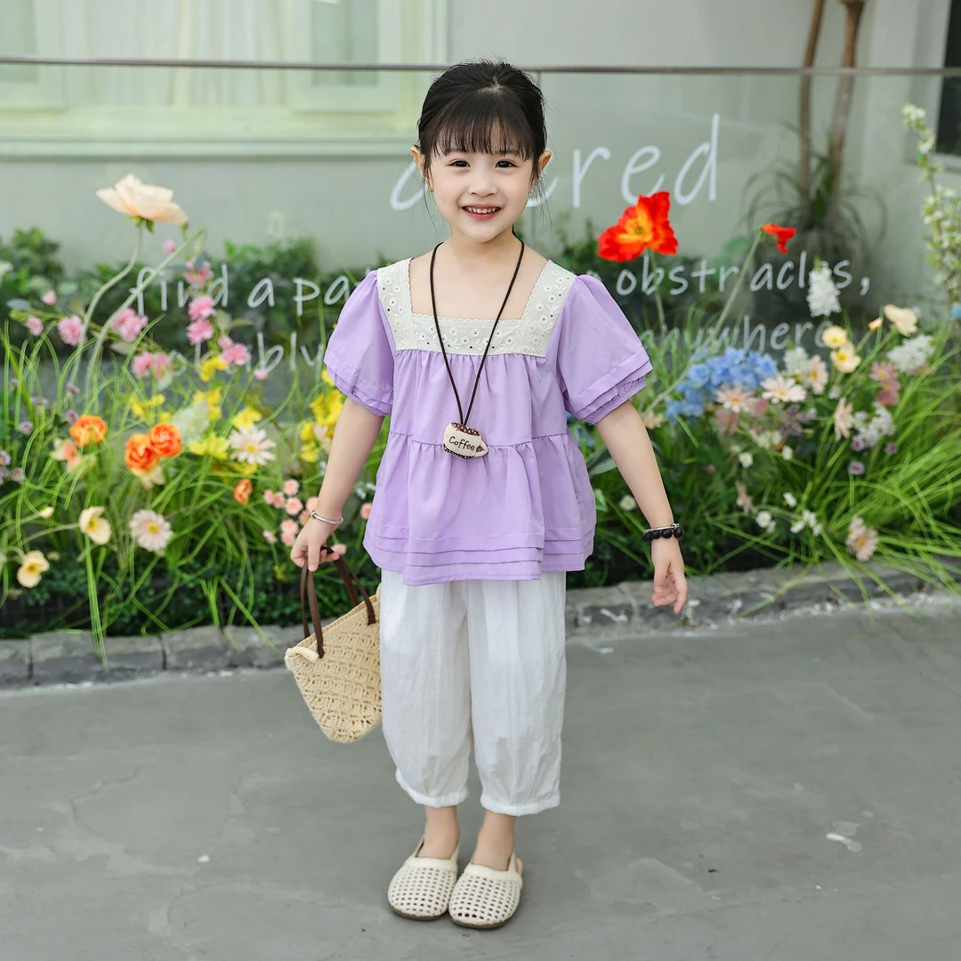 童装女韩版休闲风薄款上衣花边领夏季洋气常规夏装女时尚棉布套装