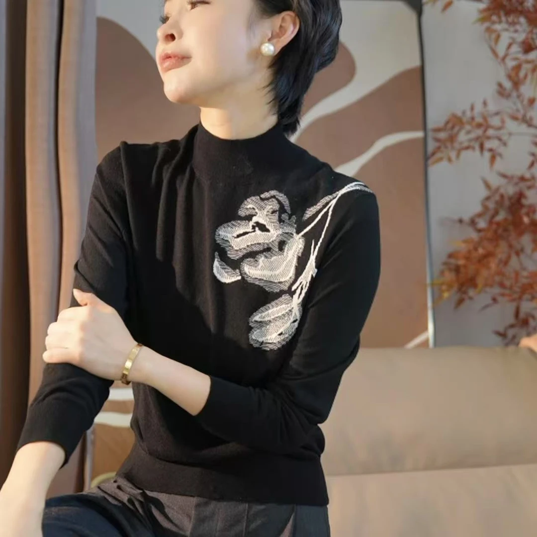【星尘织锦】高密度立领刺绣百搭长袖针织衫打底衫女上衣MG8279