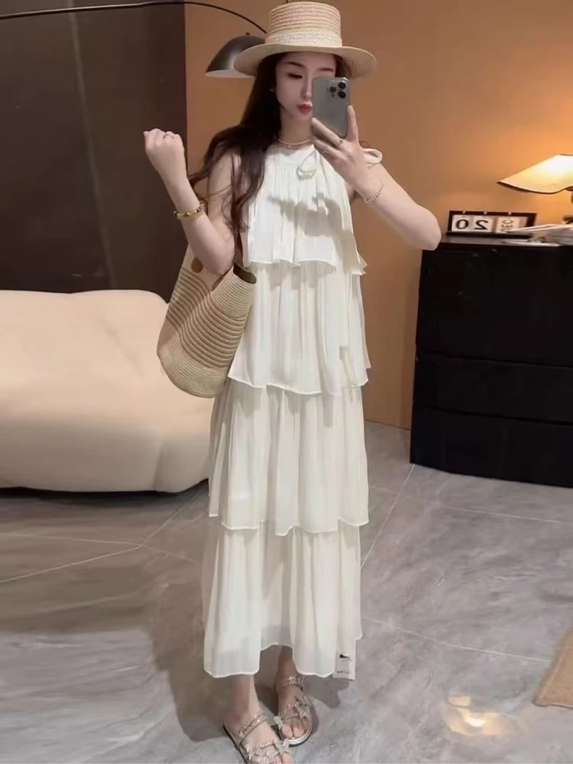 夏季套头挂脖静奢风圆领连衣裙时尚长裙美式丁达尔风