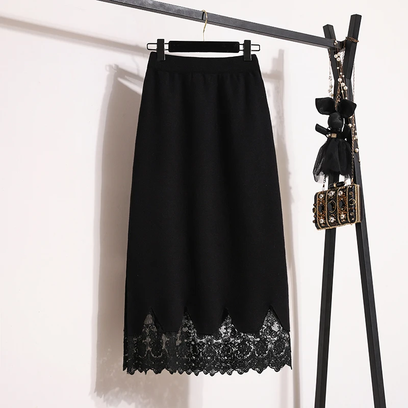 La Chapelle/拉夏贝尔大码女秋冬气质小香风蕾丝拼接开叉半身裙