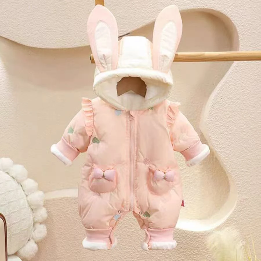 婴幼儿冬季加绒加厚糖果小兔女宝休闲连帽衣服连体衣婴儿宝宝秋冬
