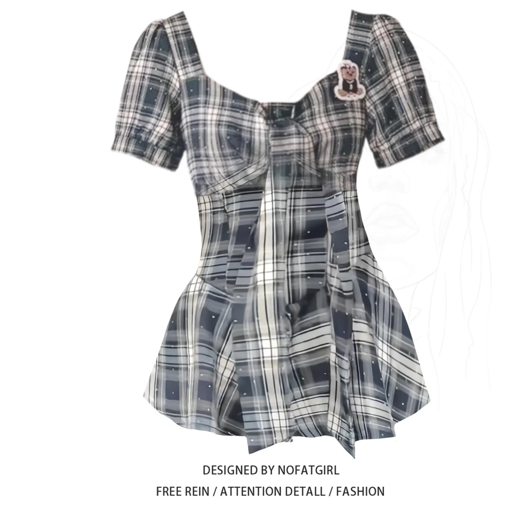 大码胖MM法式复古格纹短袖衬衫女夏季新款收腰显瘦别致设计感上衣