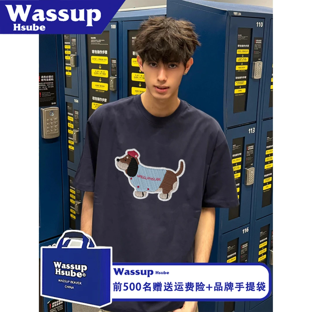 WASSUP HSUBE个性时尚夏季印花小狗卡通短袖T恤休闲男女款纯棉tee