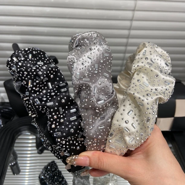 E4522 韩国银灰系重工水钻褶皱缎面发箍夏天高颅顶高品质新款发饰