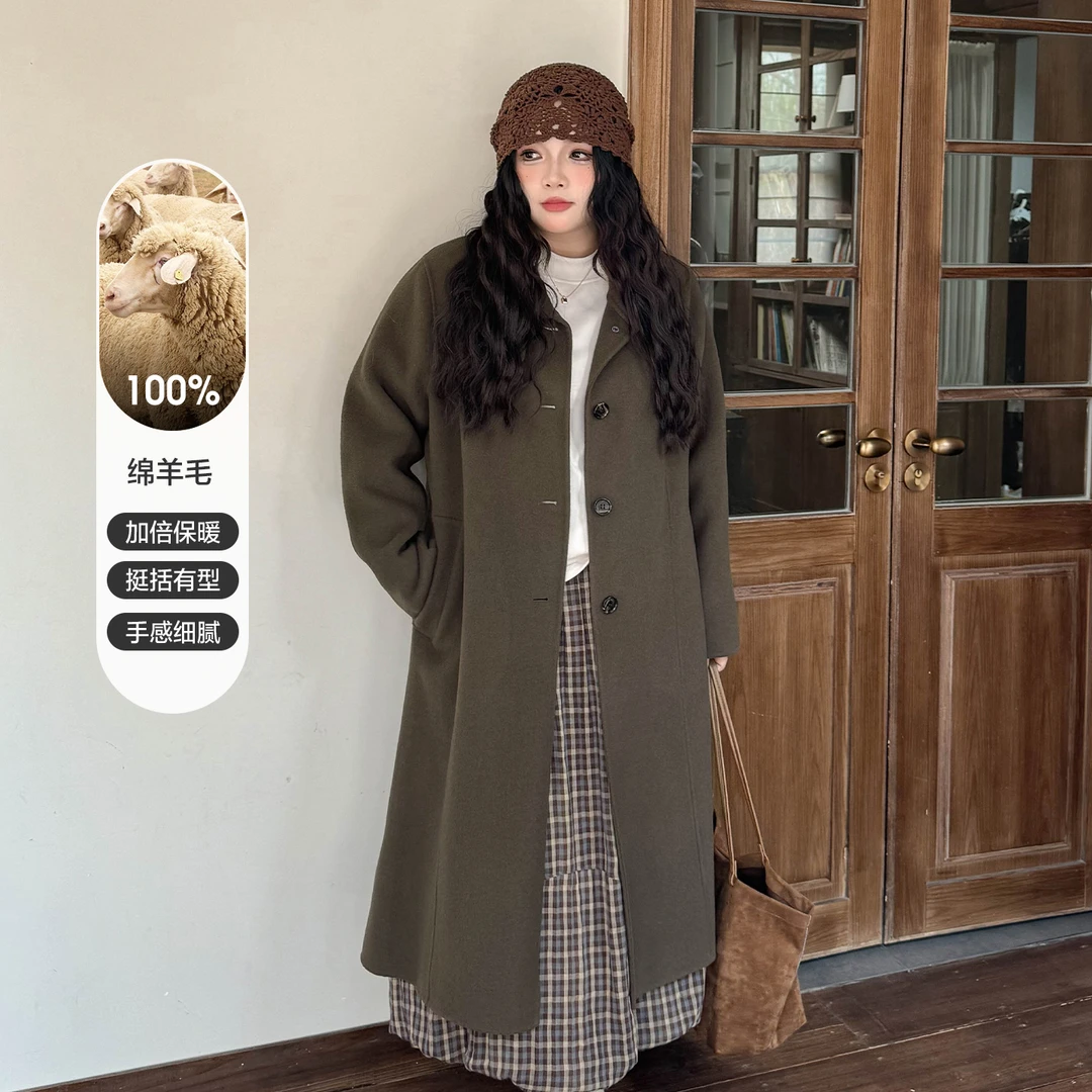CD6465大码女装【100%羊毛呢大衣】文艺复古高级秋冬保暖双面呢外套