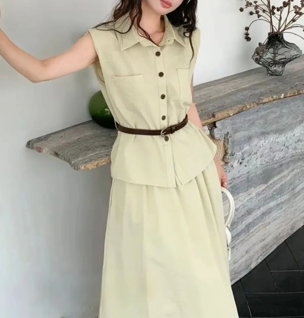 【夏日绮梦】夏季休闲显瘦气质高级感无袖衬衫高腰半身裙两件套套装