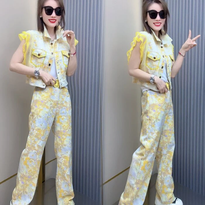 蕾丝边晕染马甲直筒裤两件套