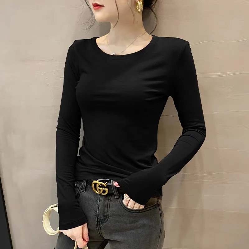 莫代尔黑色圆领打底衫女春秋冬季内搭长袖T百搭修身薄款t恤秋衣