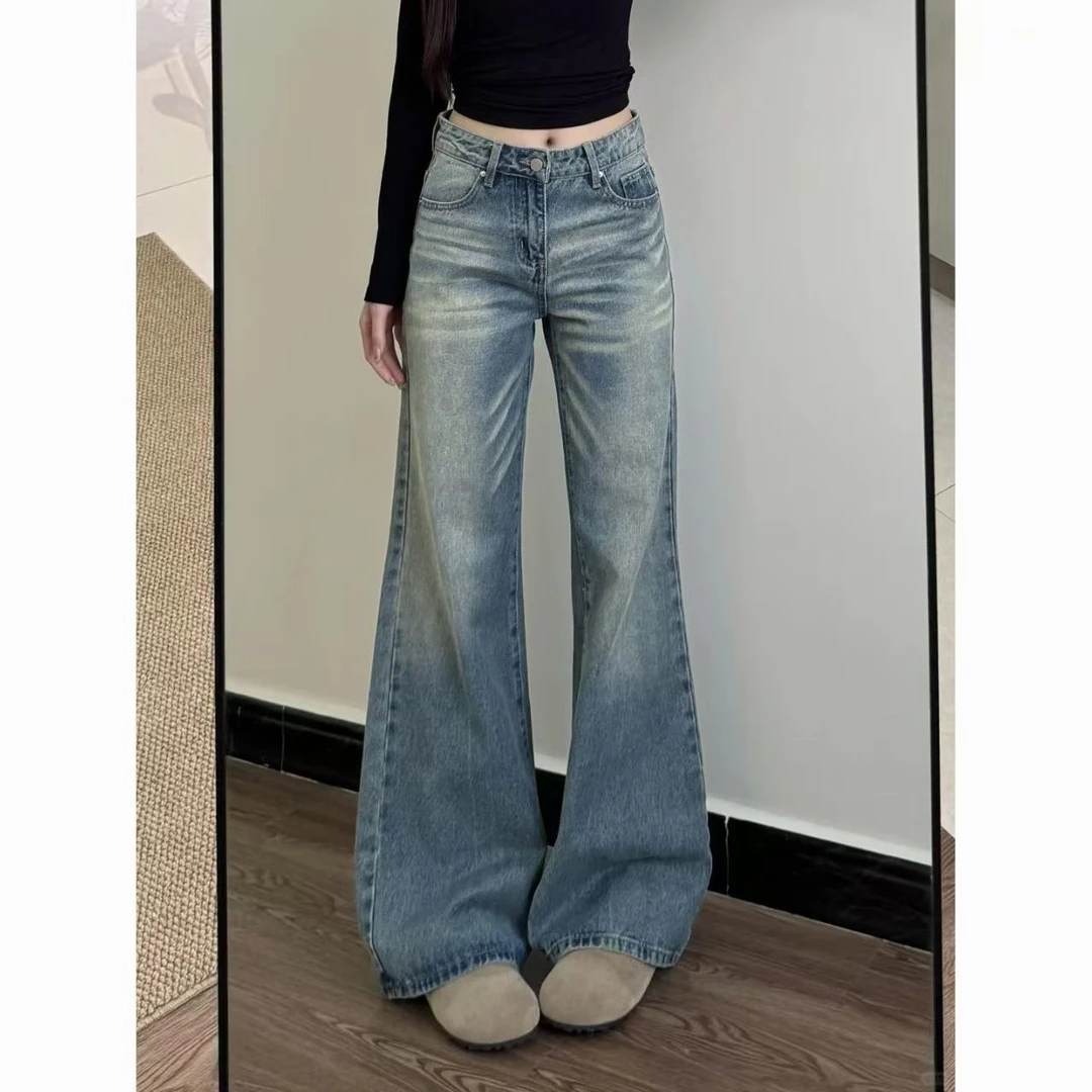 小个子美式复古低腰微喇牛仔裤女辣妹宽松不贴腿垂感休闲微喇长裤