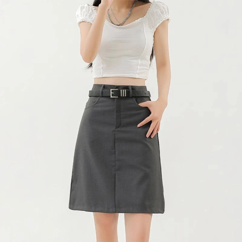 灰色高腰显瘦大码半身裙女夏季薄款梨形身材遮肚百搭学院风包臀裙
