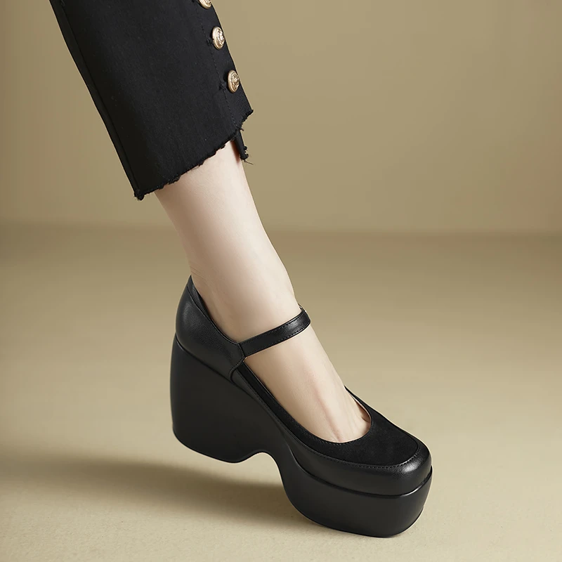 小个子手工女鞋9cm~圆头高跟鞋2025新款不累脚粗跟坡跟浅口单鞋女