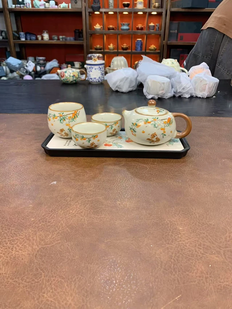 汝橘子猫一壶三杯带茶盘h104 h01便携式家用旅行茶具