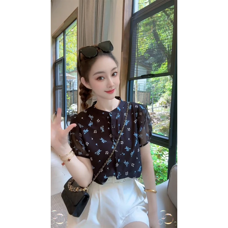 9777夏季新款休闲显瘦独特漂亮上衣韩版气质减龄碎花短袖衬衫