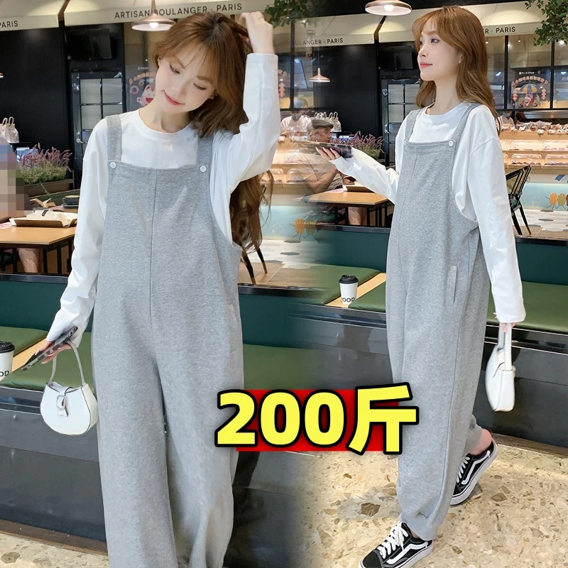 大码孕妇背带裤秋季纯棉时尚宽松连体裤孕期秋冬韩版长裤潮200斤