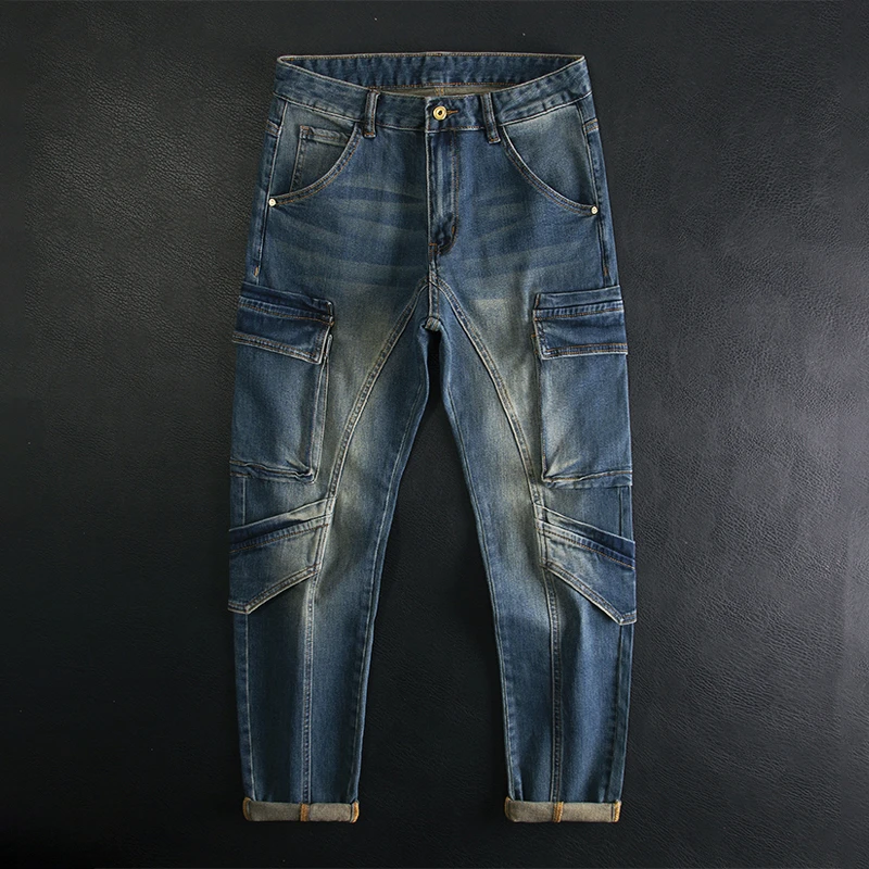 多口袋拼接牛仔裤男款修身小脚弹力美式复古高端机车骑行潮流长裤