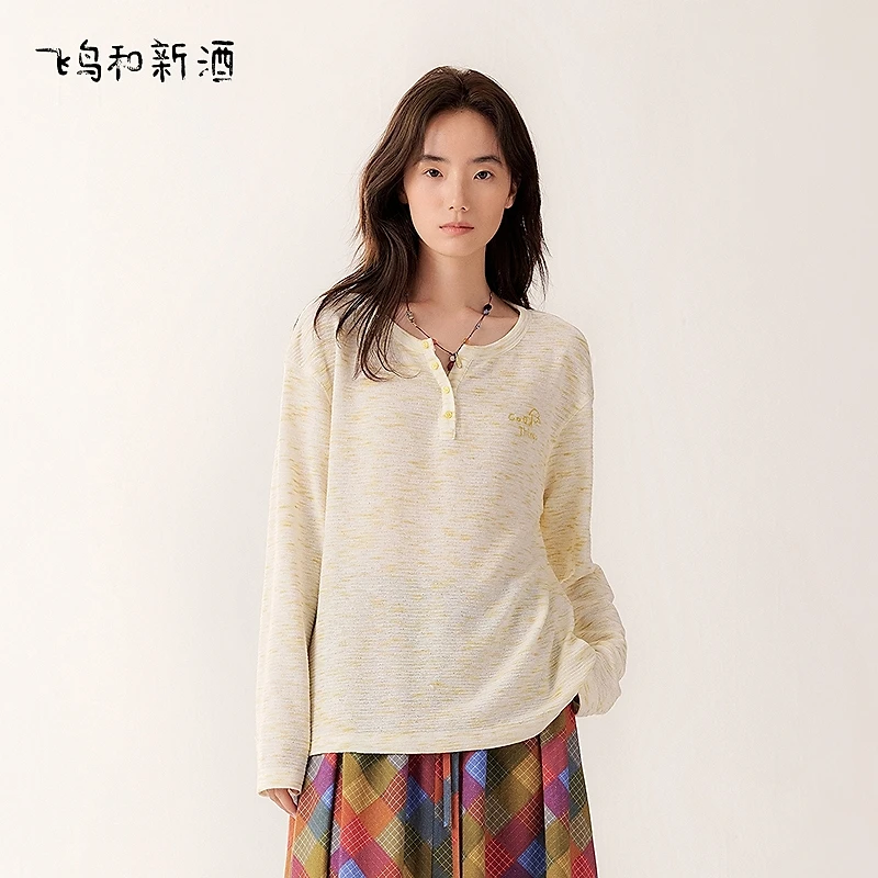 飞鸟和新酒绣花长袖T恤女秋季圆领宽松显瘦时尚上衣FD55091002