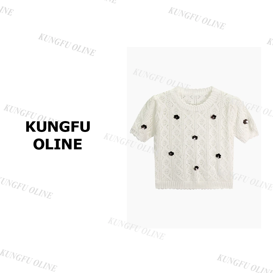 【小妖】MY4078立体花朵镂空设计针织衫女短袖显瘦上衣