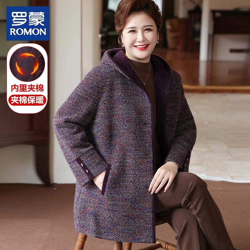 罗蒙胖妈妈冬装时尚连帽毛呢外套中老年大码女装加厚保暖水貂大衣