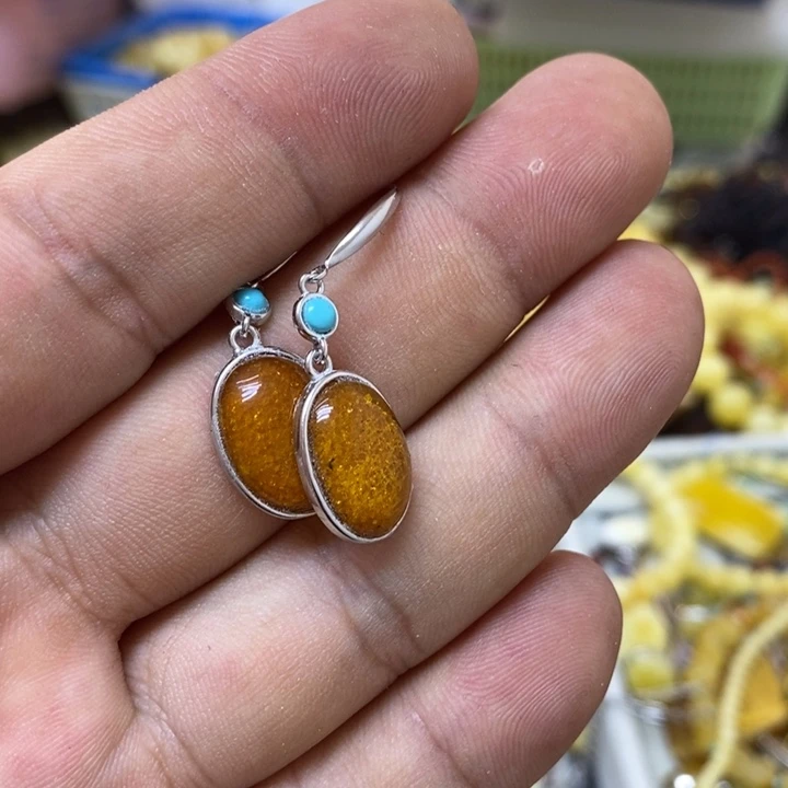 蜜蜡银S925镶嵌裸石耳钩