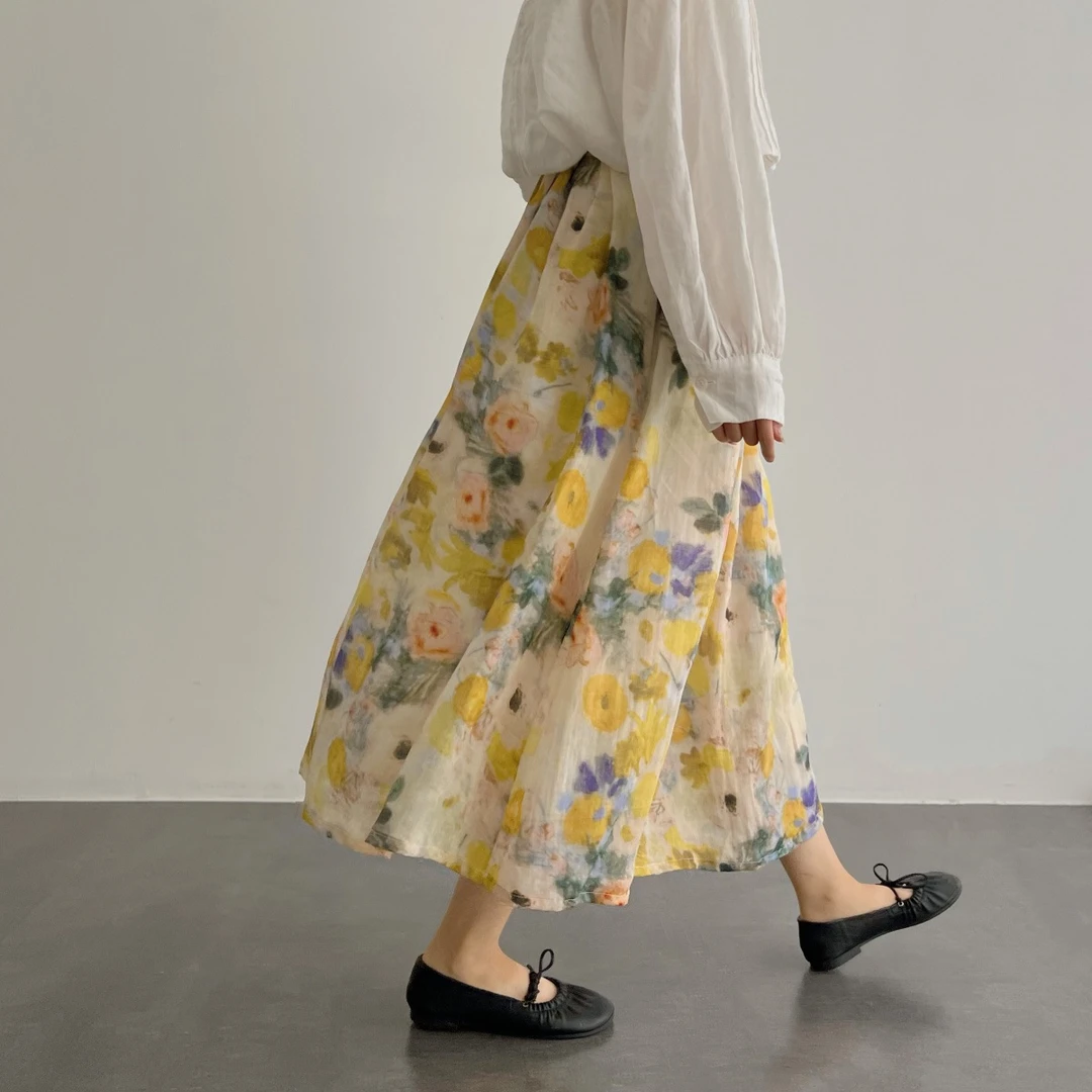 法式裙子2025夏季油画晕染风碎花高腰显瘦百搭A字碎花裙半身裙