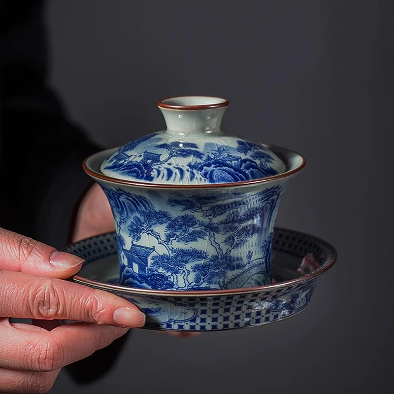 景德镇冰裂青花山水盖碗茶杯老陶泥三才碗家用陶瓷泡茶器茶碗单个