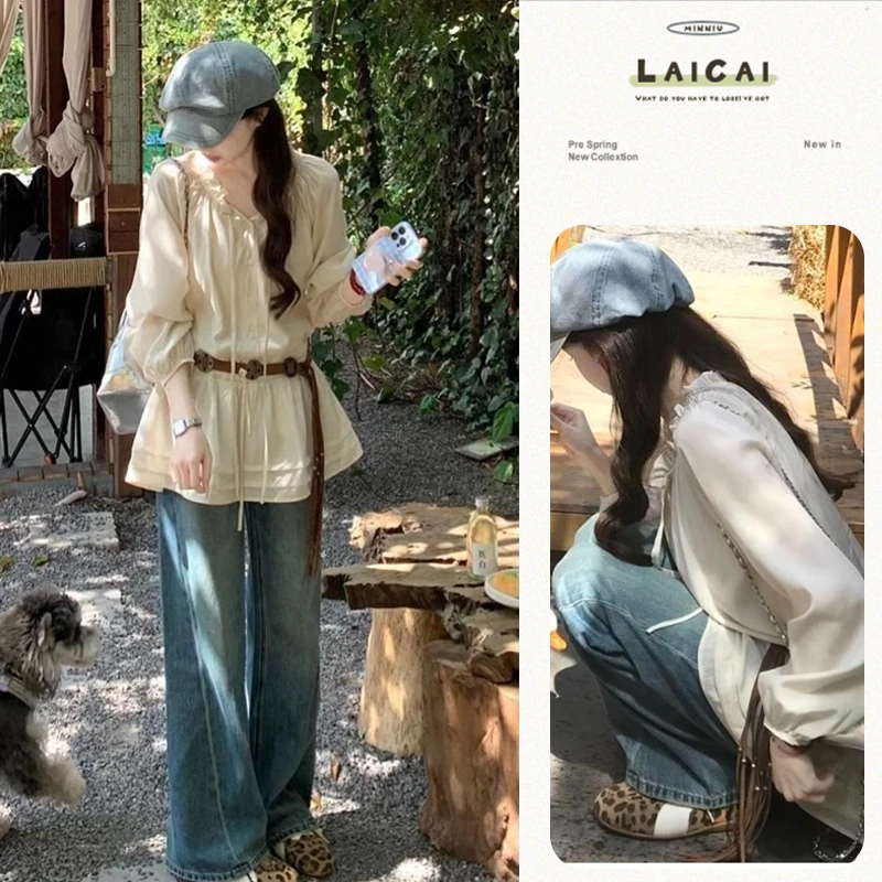 森系春夏季套装女法式V领收腰系带雪纺上衣设计感小众百搭牛仔裤