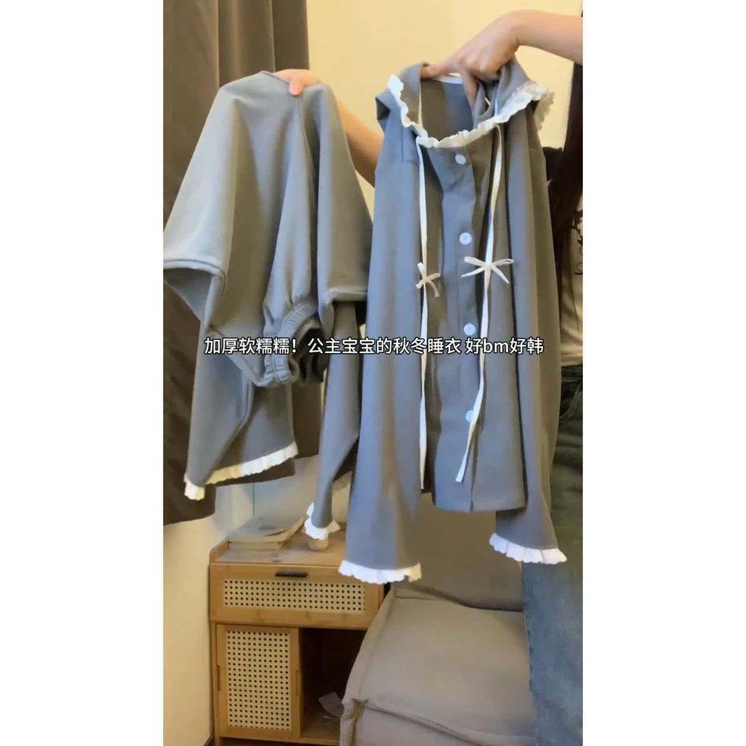 韩版拼接系带花边连帽长袖睡衣女春秋新款宽松显瘦长裤家居服套装