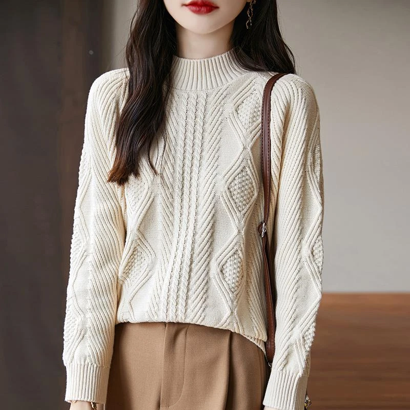 重工提花纯棉线半高领毛衣女2025秋冬宽松内搭保暖针织衫打底上衣