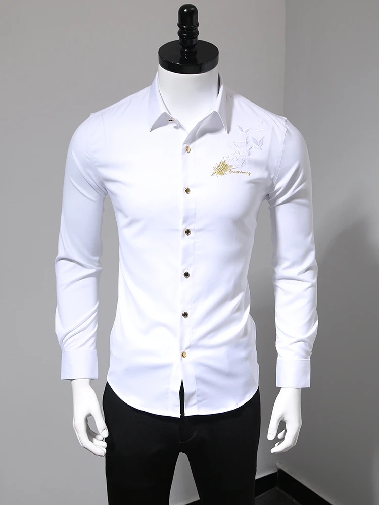 2025秋季时尚潮流免烫坑皱白色刺绣长袖衬衫男士修身商务休闲衬衣
