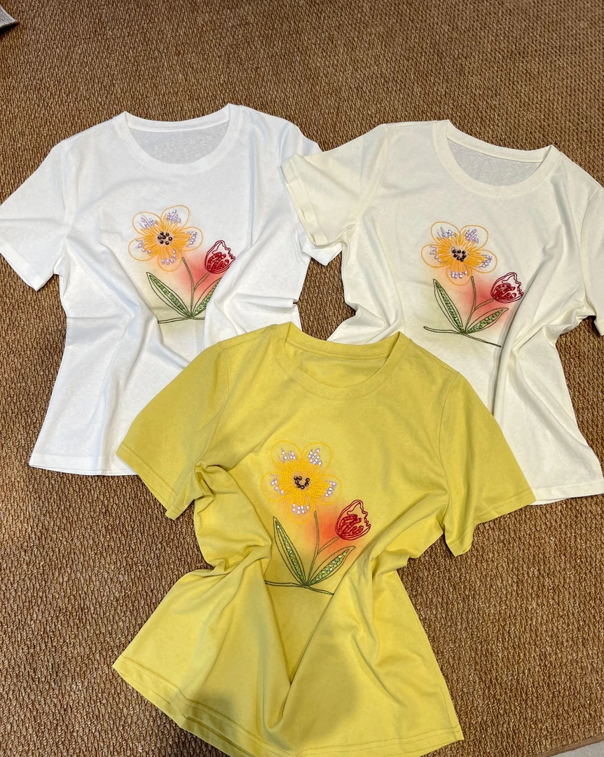 夏季简约小众风减龄刺绣重工花朵宽松显瘦上衣女T恤【刺绣花朵】