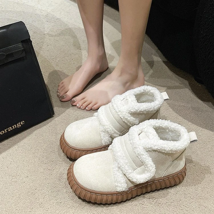 冬季绒面低跟短筒橡胶底时装靴人造长毛绒鞋垫保暖舒适女士靴子