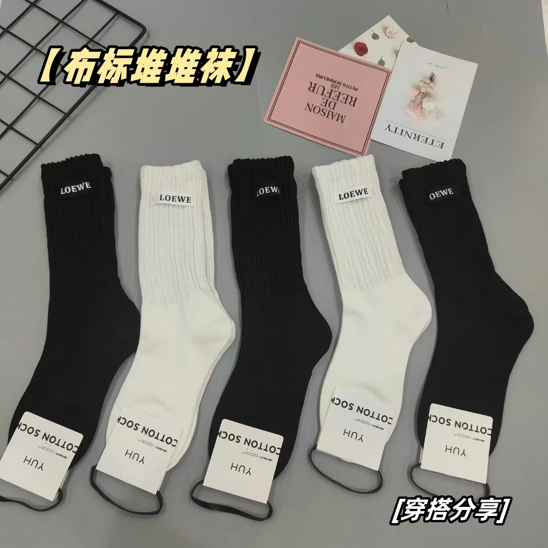 韩系ins春秋学院风布标堆堆袜复古风中筒袜子女网红潮流纯色显瘦