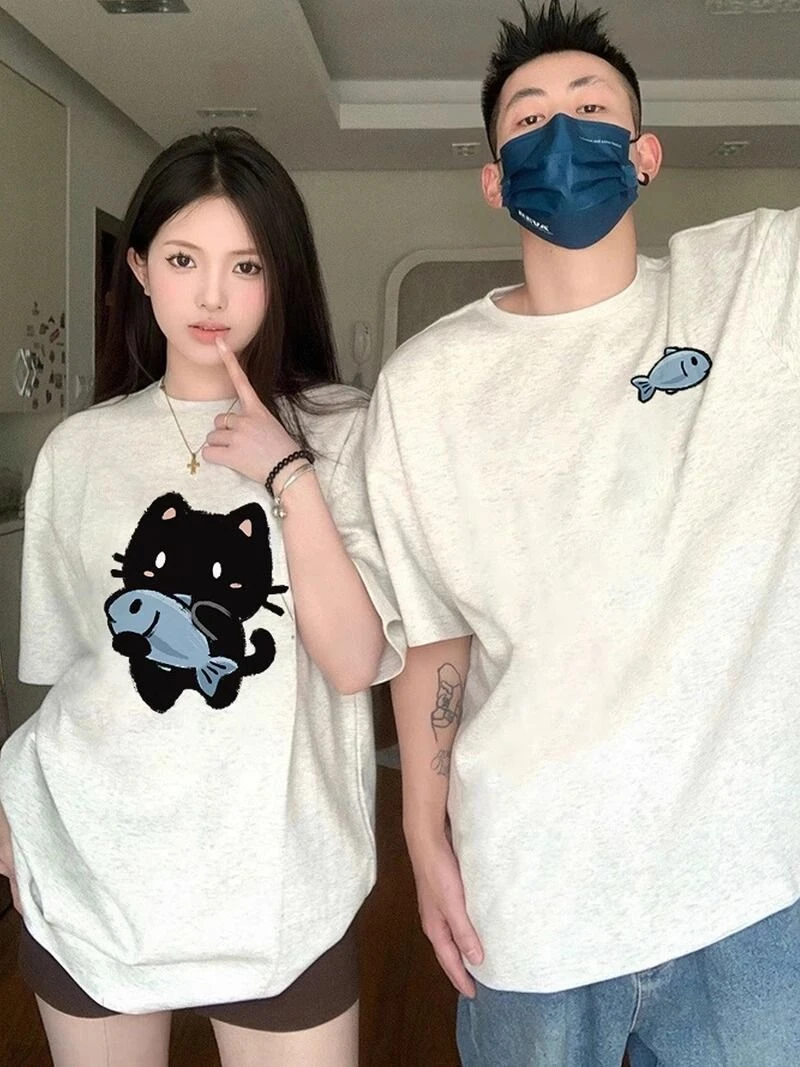 趣味猫爱鱼网红纯棉情侣装2025夏季潮牌新款小众短袖t恤一男一女