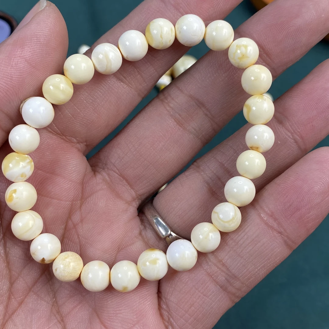 7.5mm+天然原矿琥珀蜜蜡微瑕特价白蜡圆珠手串