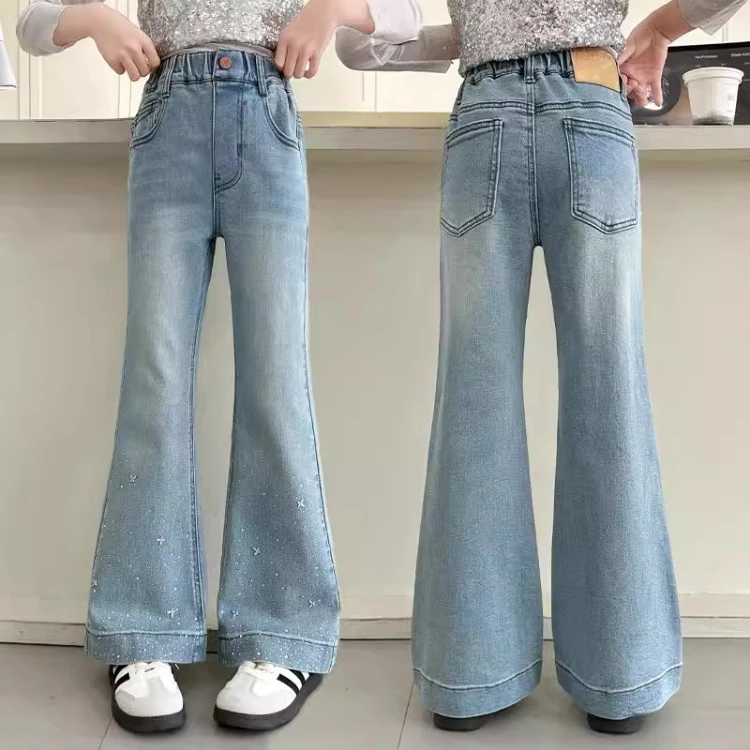 女童牛仔裤春秋款儿童修身弹力裤子洋气女孩烫钻喇叭裤