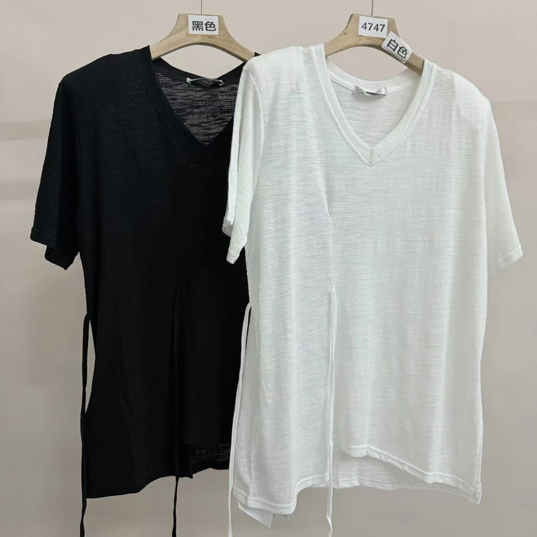 4747号60222#韩系休闲宽松侧绑带垫肩不规则下摆短袖上衣