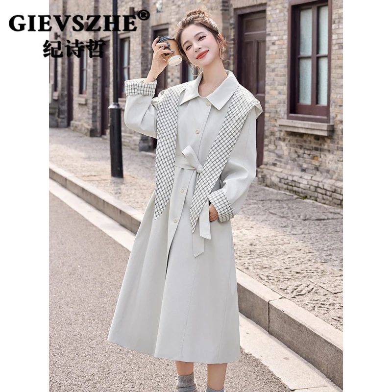 纪诗哲女式风衣女2025秋冬新款单排扣系带长款收腰连帽大衣外套女