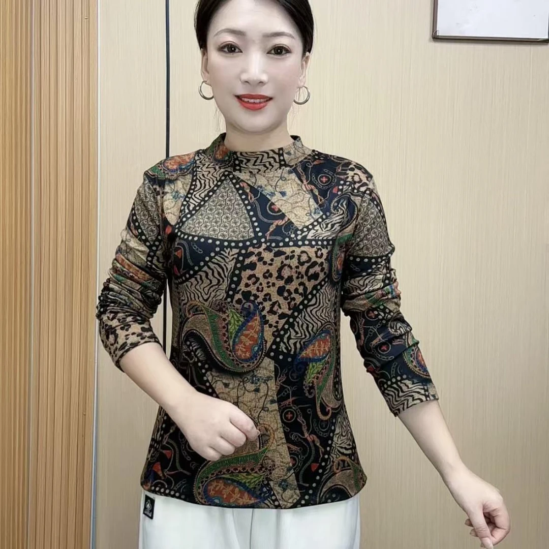 秋冬季半高领抗皱显瘦女士常规打底衫百搭印花洋气厚款长袖