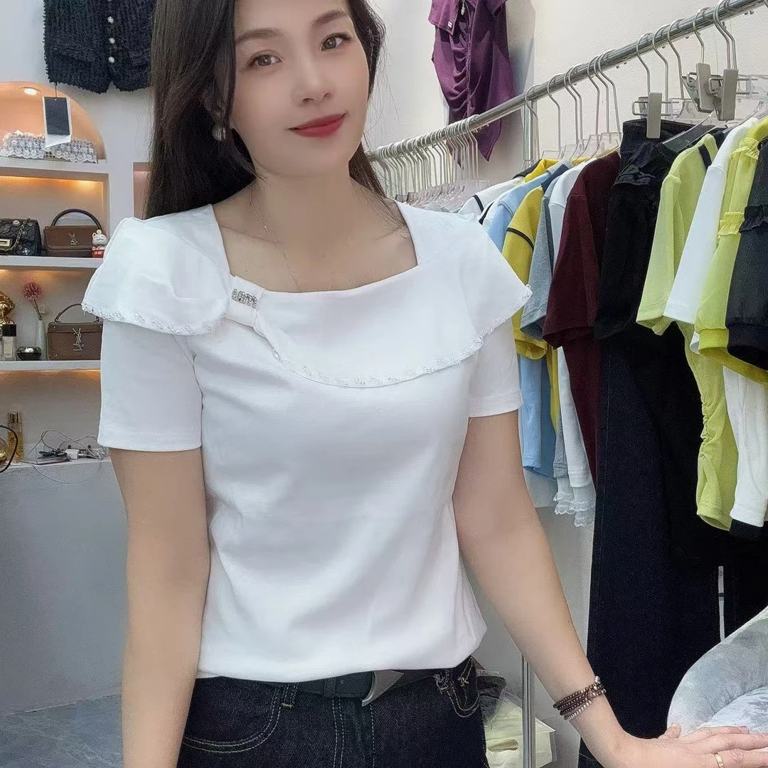 手工钉珠高级感时尚2025新款短袖气质高雅