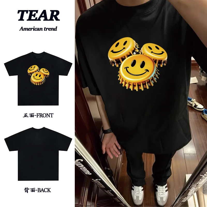 美式重磅纯棉瓶盖笑脸印花宽松百搭潮牌ootd穿搭短袖T恤男女同款