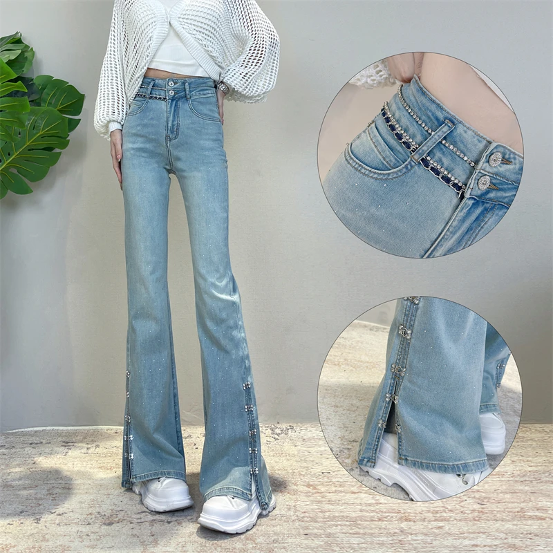 迪否镶钻侧开叉微喇牛仔裤2025新款爆款高腰修身显瘦喇叭裤6033