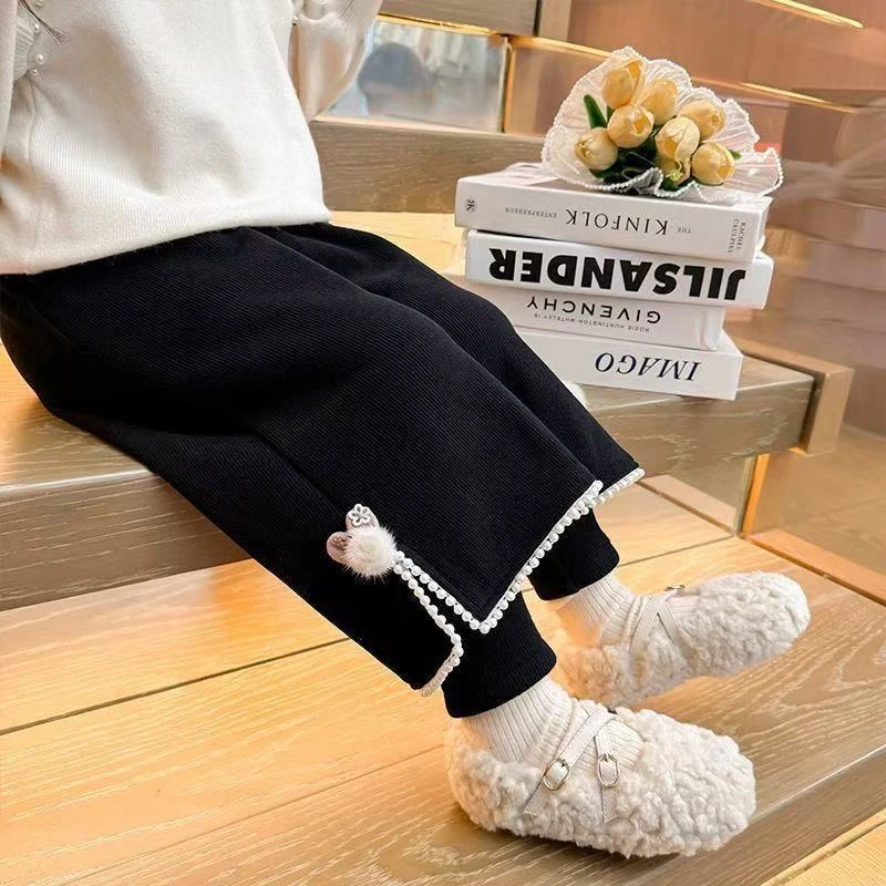 女童加绒裤子秋冬款2025新款儿童洋气冬季一体绒直筒裤宝宝阔腿裤