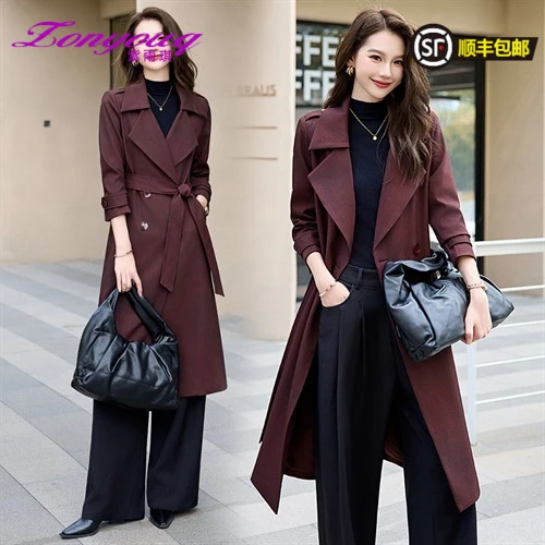 紫雨琪2025年新款英伦中长垂感双排扣轻奢风收腰气质显瘦洋气减龄