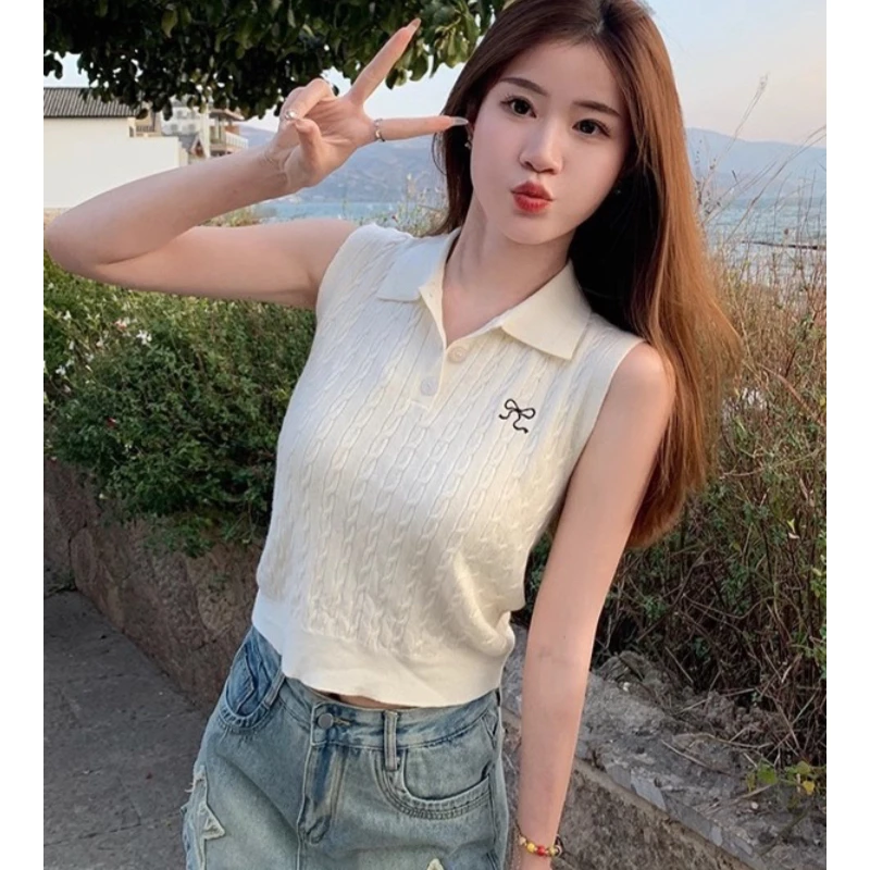 无袖针织背心女Polo领气质百搭短款打底衫通勤显瘦时尚夏季上衣