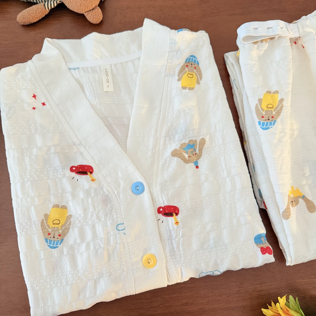 【轻薄皱皱棉纱-带胸垫】月子服纯棉产后孕妇哺乳睡衣产妇家居服7月